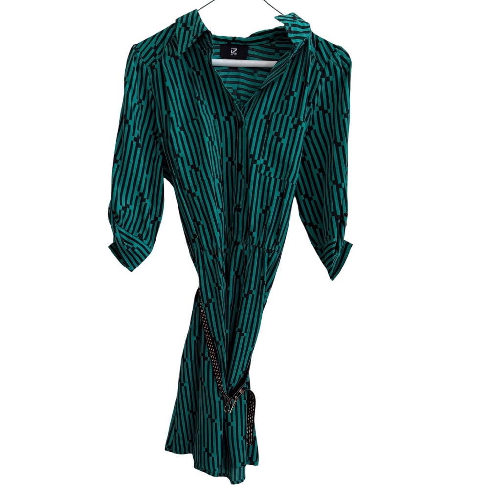 IZ Byer Green Black Geometric Striped Shirt‎ Dress 3/4 Sleeve Size M 1165W1A